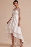 White Illusion Neck High-Low Asymmetrical Hem A-Line Engagement Dress with 3/4 Sleeves