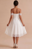 Off The Shoulder A-Line Ruched Midi Little White Dress with Lace