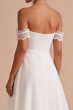 Off The Shoulder A-Line Ruched Midi Little White Dress with Lace