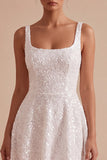 Sparkly Sequins Square Neck A-Line Mini Little White Dress