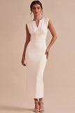 White Ruched Sheath V-Neck Long Engagement Dress with Back Slit