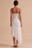 Strapless White Floral Appliqued Sheath Asymmetrical High-Low Hem Engagement Dress
