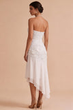 Strapless White Floral Appliqued Sheath Asymmetrical High-Low Hem Engagement Dress