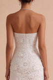 Strapless White Floral Appliqued Sheath Asymmetrical High-Low Hem Engagement Dress