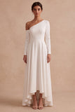 High-Low A-Line Asymmetrical Long Wedding Dress with Long Sleeves