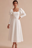 White A-Line Flutter Sleeves Square Neck Long Engagement Dress with Belt