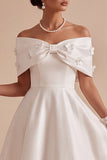 Off The Shoulder Pearls White 3D Flowers A-Line Long Engagement Dress with Bow
