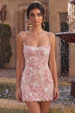 Pink Corset Sheath Spaghetti Straps Short Homecoming Dress with Appliques