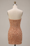 Champagne Bodycon Pearl Corset Strapless Beaded Short Homecoming Dress