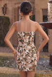 Light Khaki Corset Illusion Neck Sequin Floral Short Homecoming Dress with Side Slit