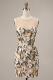 Light Khaki Corset Illusion Neck Sequin Floral Short Homecoming Dress with Side Slit