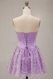 Lilac Corset Sequins Appliques Satin A-Line Strapless Short Homecoming Dress