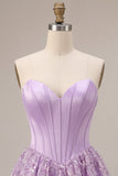 Lilac Corset Sequins Appliques Satin A-Line Strapless Short Homecoming Dress