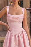 Pink Square Neck Jacquare Basque Waist Thick Straps A-Line Short Homecoming Dress
