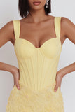 Light Yellow Corset Pearls Floral Appliques Thick Straps Bodycon Short Homecoming Dress