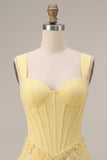 Light Yellow Corset Pearls Floral Appliques Thick Straps Bodycon Short Homecoming Dress