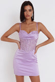 Lilac Satin Beaded Rhinestone Embroidery Ruched Corset Bodycon Short Homecoming Dress