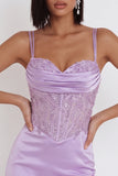 Lilac Satin Beaded Rhinestone Embroidery Ruched Corset Bodycon Short Homecoming Dress