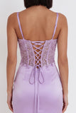Lilac Satin Beaded Rhinestone Embroidery Ruched Corset Bodycon Short Homecoming Dress