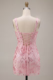 Sparkly Pink Sequins Corset Thick Straps Short Homecoming Dress with Bow