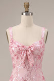 Sparkly Pink Sequins Corset Thick Straps Short Homecoming Dress with Bow