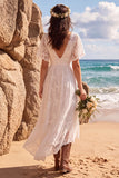 White V-Neck Flutter Sleeves A-Line High-Low Wedding Dress with Lace