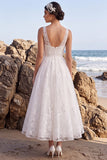 White Floral A-Line V-Neck Embroidered Long Wedding Dress