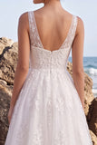 White Floral A-Line V-Neck Embroidered Long Wedding Dress