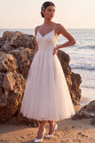 Glitter White A-Line V-Neck Midi Wedding Dress