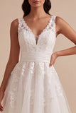 White A-Line V-Neck Floral Appliqued Midi Wedding Dress