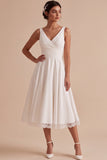 White V-Neck Ruched A-Line Midi Wedding Dress with Lace