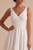 White V-Neck Ruched A-Line Midi Wedding Dress with Lace
