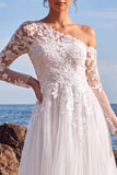 White A-Line One Shoulder Tulle Appliqued Long Wedding Dress