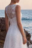 Floral White Embroidered A-Line Illusion Neck Long Wedding Dress