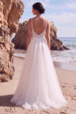 White Appliqued A-Line V-Neck Tulle Floral Long Wedding Dress