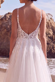 White Appliqued A-Line V-Neck Tulle Floral Long Wedding Dress