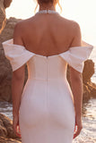 White Halter Sheath Satin Off the Shoulder Beaded Long Wedding Dress