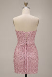 Pink Corset Ruched Sequins Strapless Bodycon Short Cocktail Dress