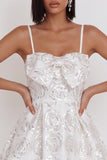 White Sequins A-Line Ruched Spaghetti Straps Short Cocktail Dress with Bow