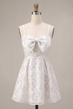 White Sequins A-Line Ruched Spaghetti Straps Short Cocktail Dress with Bow