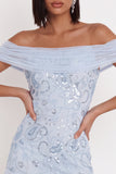 Sky Blue Off the Shoulder Sequins Ruffle Tulle Sheath Cocktail Dress