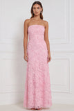 Strapless Pink Sheath Floral Appliqued Sequins Long Bridesmaid Dress