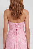 Strapless Pink Sheath Floral Appliqued Sequins Long Bridesmaid Dress