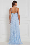 Light Blue A-Line Halter Floral Beaded Long Bridesmaid Dress
