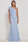 Light Blue Mermaid One Shoulder Floral Long Bridesmaid Dress