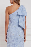 Light Blue Mermaid One Shoulder Floral Long Bridesmaid Dress