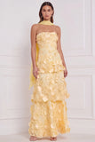 Light Blue Strapless A-Line Tiered 3D Flower Long Bridesmaid Dress
