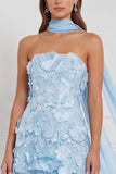 Light Blue Strapless A-Line Tiered 3D Flower Long Bridesmaid Dress