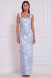 Sage Floral Sheath Square Neck Long Bridesmaid Dress