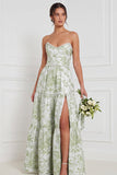 Blue White Flower Pearls A-Line Strapless Long Bridesmaid Dress with Front Slit